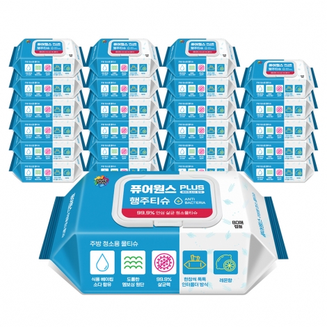 [퓨어원스+] 홈케어 청소 살균물티슈 주방용 80매x12팩/24팩(캡형)