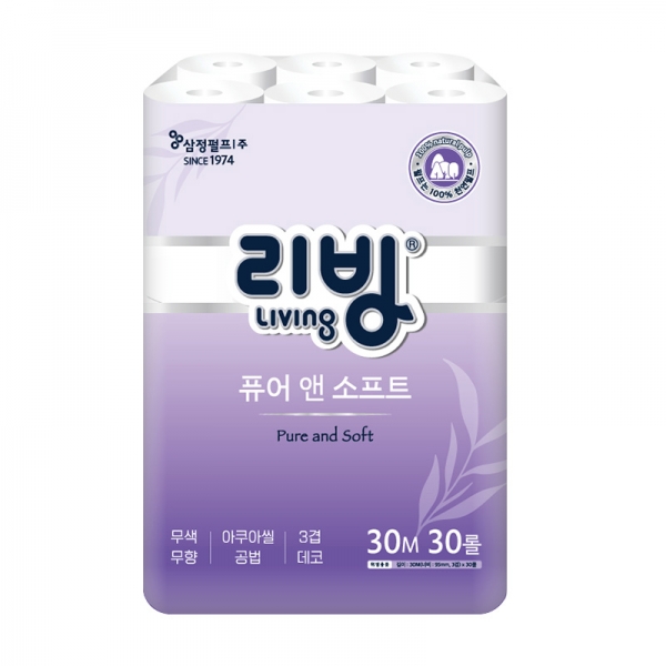 [삼정펄프]리빙 퓨어 앤 소프트 천연펄프 3겹 30M 화장지 30롤