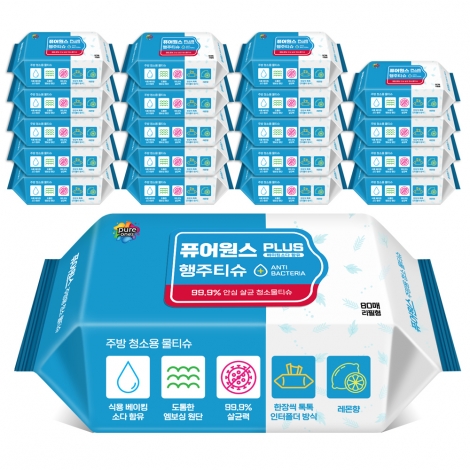 [퓨어원스+]홈케어 청소 살균물티슈 주방용 80매x20팩(리필형)