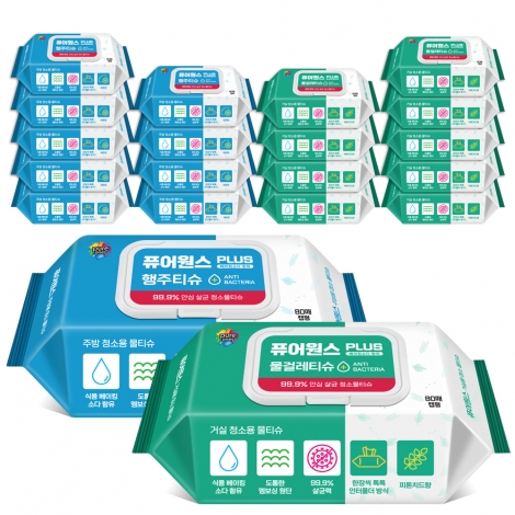 [퓨어원스+]홈케어 청소 살균물티슈 80매 주방x10팩+거실x10팩(캡형)