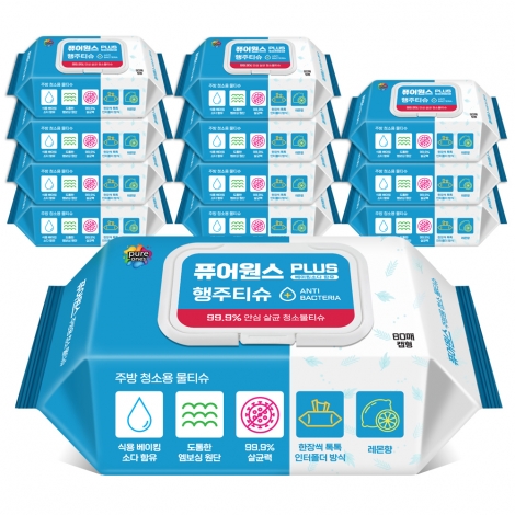 [퓨어원스+] 홈케어 청소 살균물티슈 주방용 80매x12팩/24팩(캡형)