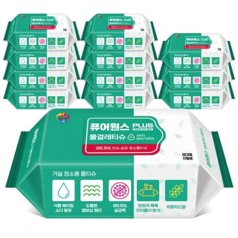 [퓨어원스+] 홈케어 청소 살균물티슈 거실용 80매x12팩/24팩(리필)