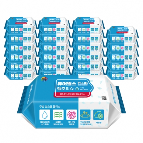 [퓨어원스+] 홈케어 청소 살균물티슈 주방용 80매x12팩/24팩(리필)