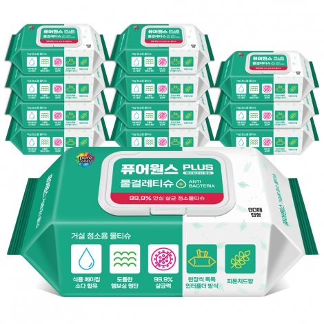 [퓨어원스+] 홈케어 청소 살균물티슈 거실용 80매x12팩/24팩(캡형)