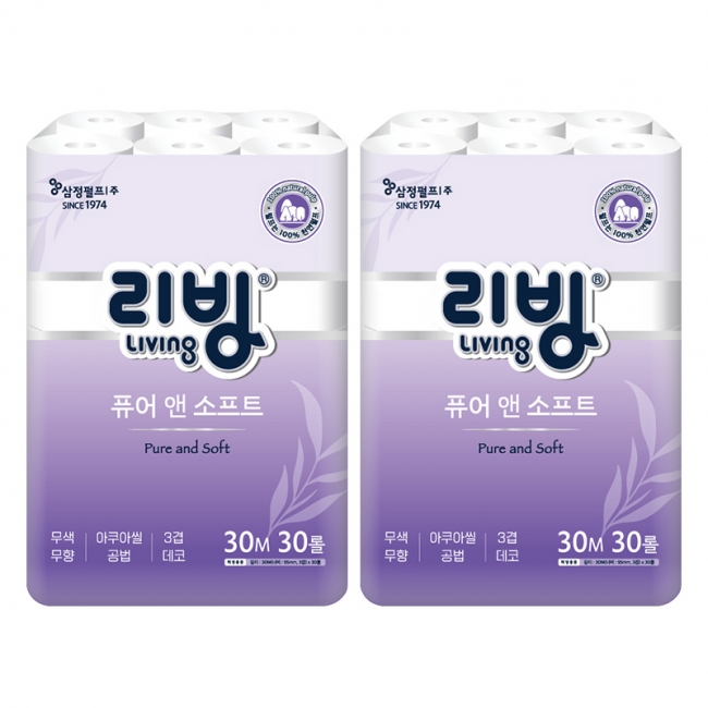 [삼정펄프]리빙 퓨어 앤 소프트 천연펄프 3겹 30M 화장지 30롤