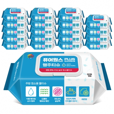 [퓨어원스+]홈케어 청소 살균물티슈 주방용 80매x20팩(캡형)