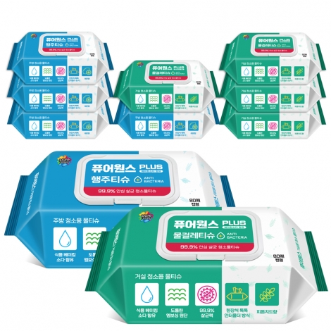 [퓨어원스+]홈케어 청소 살균물티슈 80매 주방x5팩+거실x5팩(캡형)