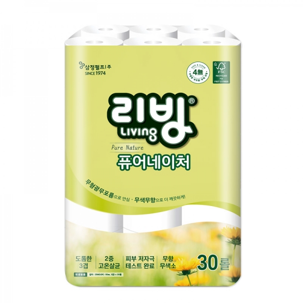 [삼정펄프]리빙 퓨어네이처 무형광 3겹 화장지 25M 30롤