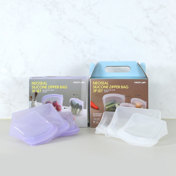 [네오플램] 네오씰 실리콘 지퍼백 3종세트 (대+중+소)_화이트/퍼플
