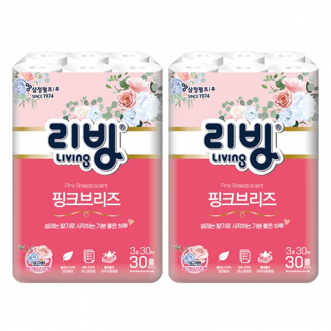 [삼정펄프]리빙 핑크브리즈 천연펄프 3겹 30M 화장지(향) 30롤