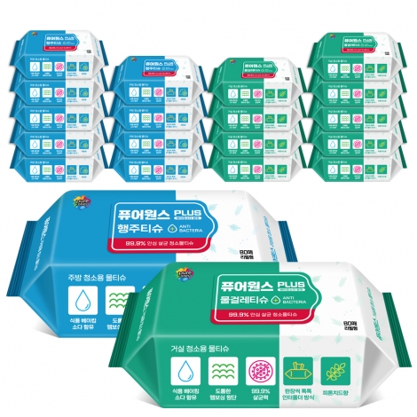 [퓨어원스+]홈케어 청소 살균물티슈 80매 주방x10팩+거실x10팩(리필)