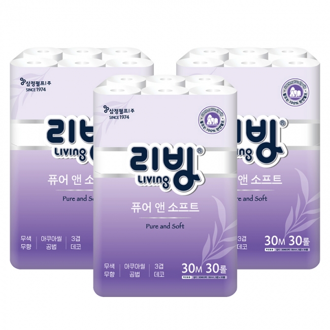 [삼정펄프]리빙 퓨어 앤 소프트 천연펄프 3겹 30M 화장지 30롤