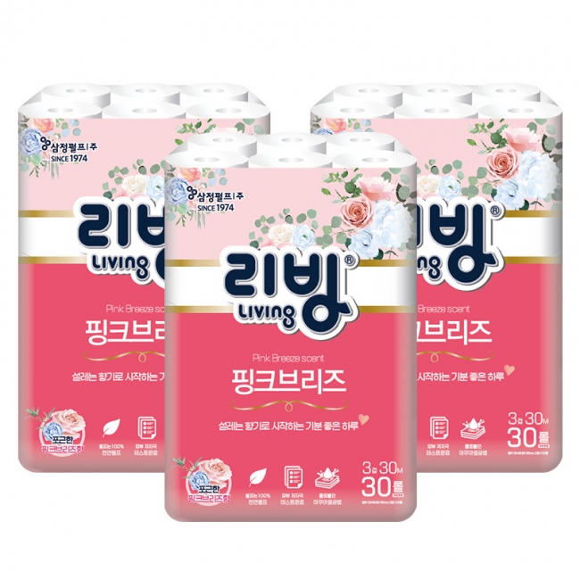 [삼정펄프]리빙 핑크브리즈 천연펄프 3겹 30M 화장지(향) 30롤