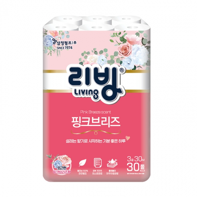 [삼정펄프]리빙 핑크브리즈 천연펄프 3겹 30M 화장지(향) 30롤